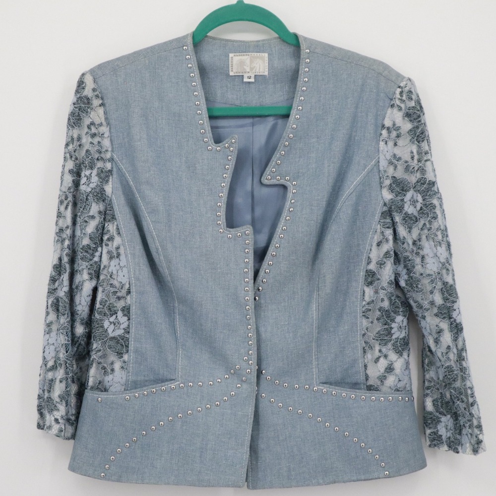 Alberto Makali Embellished Blazer Womens 12 Blue Linen Blend Vintage Feminine